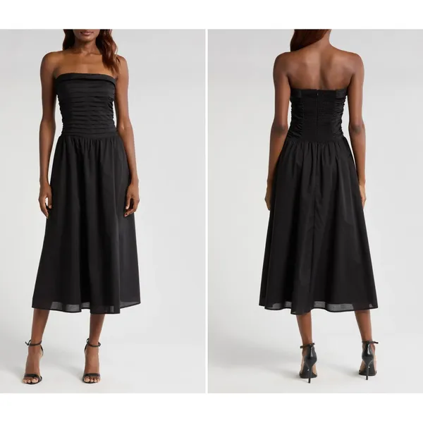 WAYF Olivia Midi Dress Women‎ XS Black Pleated Convertible Strapless Cotton -NEW - Image 2