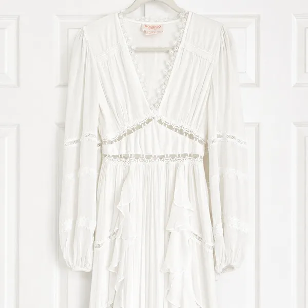Rococo Sand Mia‎ Long-Sleeve Ruffled Maxi Dress White Lace V-Neck Boho Resort XS - Image 10