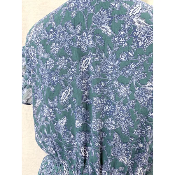 Voy Teal Blue Floral‎ Midi Dress Smocked Waist Flutter Sleeve L Cottagecore - Image 7