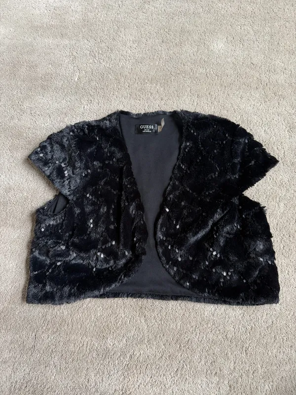 GUESS Black Faux Fur Sequin Vest – Size L - Image 2