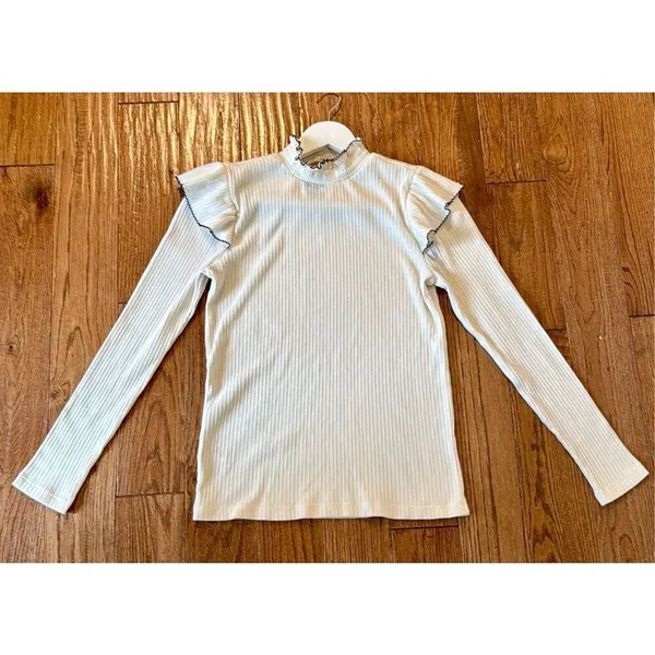 Loft pointelle white ribbed ruffle sleeve top size medium - Image 9