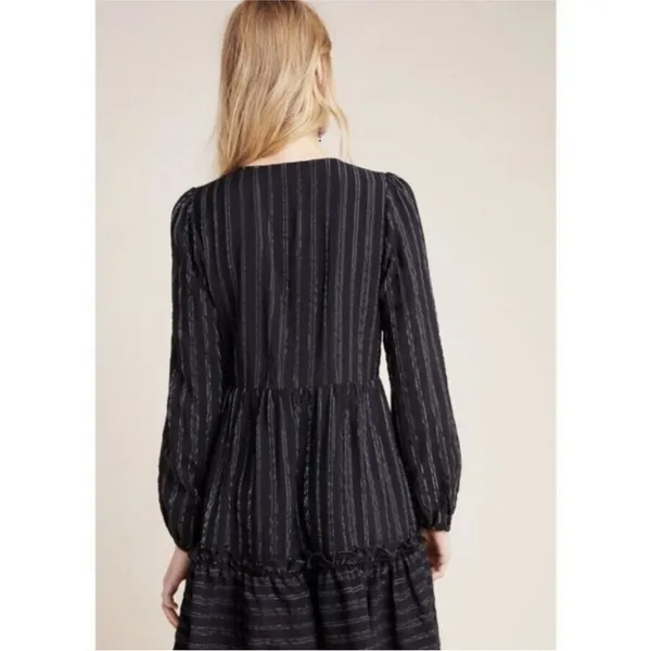 ANTHROPOLOGIE Black Metallic Long Sleeve Pippa Tiered Tunic Dress Medium - Image 2