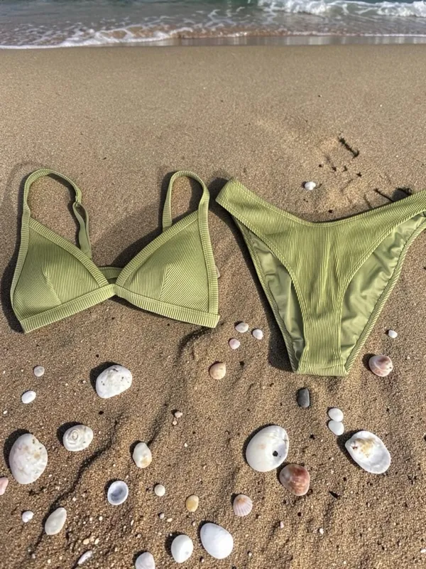 Garage Olive Ribbed Triangle Bikini Set - Image 2