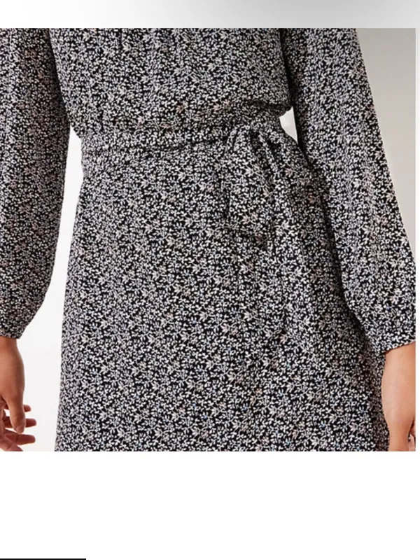 LOFT Ruffle Yolk Neck Tie Waist Long-Sleeve Floral Print Dress - Image 3