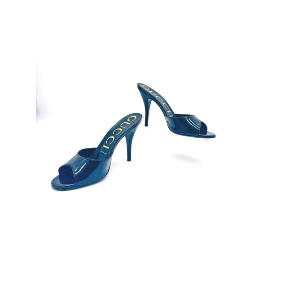 Gucci Scarlet Black Patent Leather Open Toe Mule Slides Heels EU 37 - Image 8
