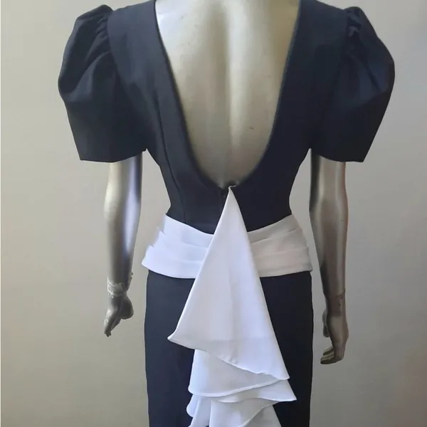 Vintage 80s Black White Puff Sleeve Column Maxi Dress Open Back Prom Goth Formal - Image 3