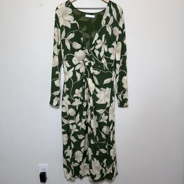 Mango MNG Women Green‎ Floral Midi Dress 10 Green Knot Front Resort Vacation - Image 2