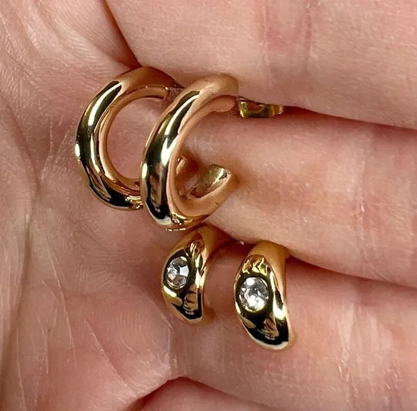 Shiny Gold Tone Huggie Hoops Rhinestone Pierced Earrings Set - Image 6