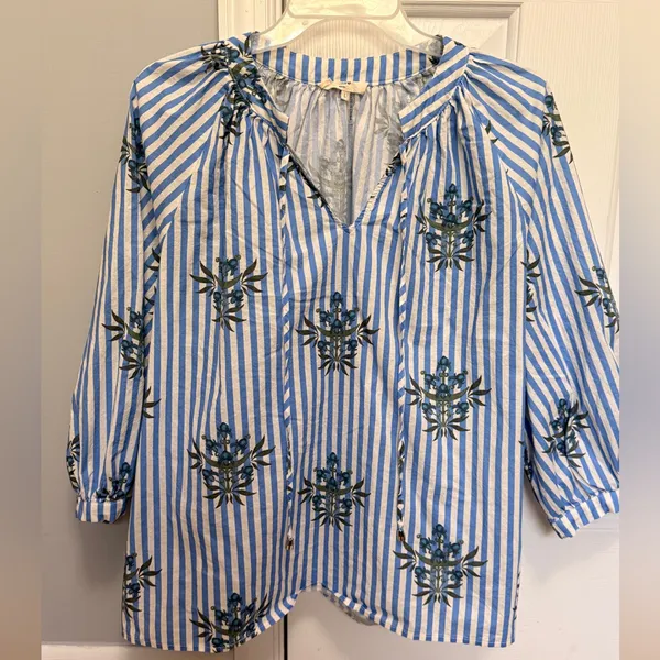 Entro Coastal‎ Resort Blue White Stripe Floral Print Tassel Blouse Top Large - Image 2