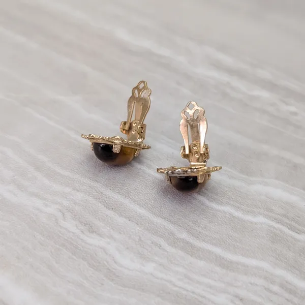 Vintage Clip On Earrings Tigers Eye with Ornate Halo Brown & Gold Tone Earrings - Image 5