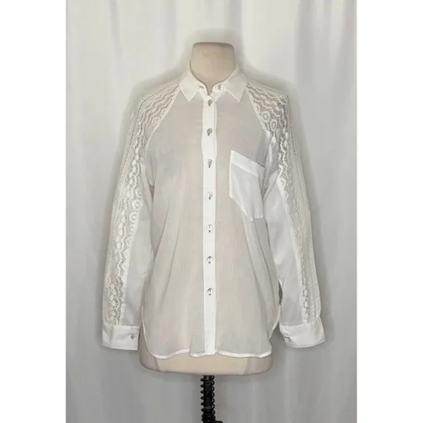 Anthropologie HOLDING HORSES White Lace Sleeve Buttondown‎ Shirt Top Lacey Small - Image 2