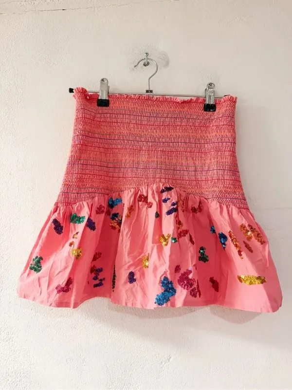 Queen of Sparkles Sequin Splatter Paint Smocked Skirt in Pink Small - Image 2