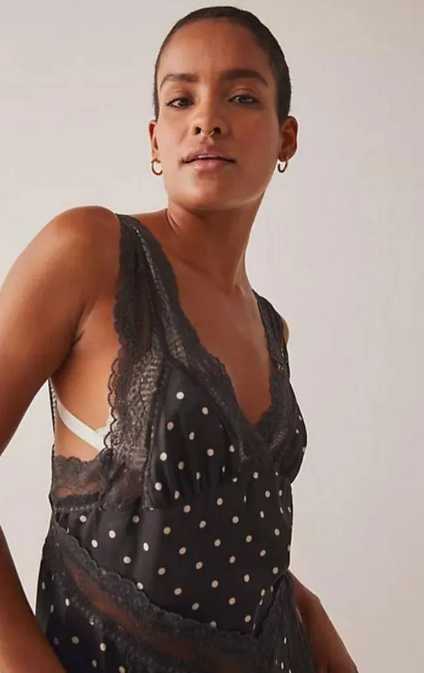 INTIMATELY FREE PEOPLE Bad For You Slip Dress ~ Black Polka Dot Print Lace L NWT - Image 6