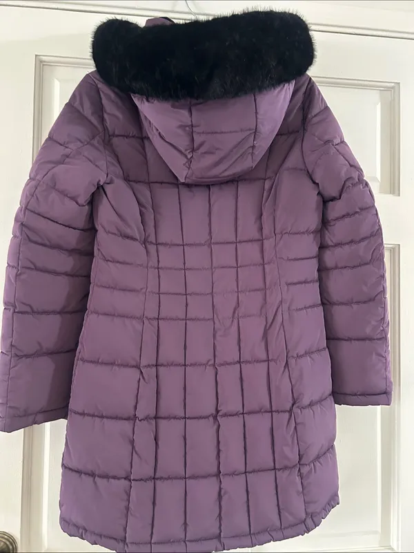 Long Quilted Purple Puffer Coat with Faux Fur Hood - Image 4