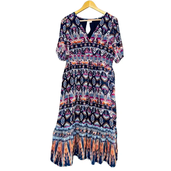 Old Navy A-Line Southwestern Midi Dress Tiered Womens Sz L Bubble Sleeve Smocked - Image 3