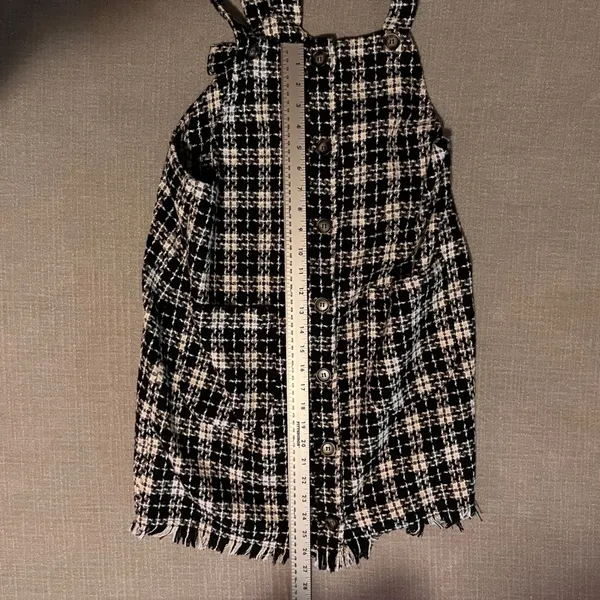 KORI Black White Plaid Tweed Fringe Overall‎ Mini Dress Size Large - Image 8