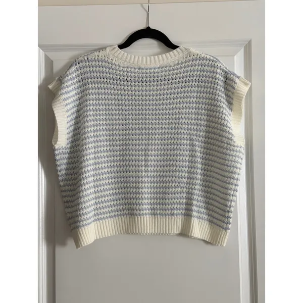 Knit Mix Blue White Striped Sweater Vest Sleeveless Knit Coastal Preppy Small - Image 4