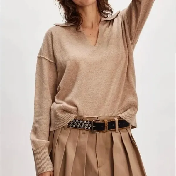 NWT!! FREE PEOPLE Eloura Cashmere‎ Henley Sweater Solid Light Brown Tan X-Large - Image 4