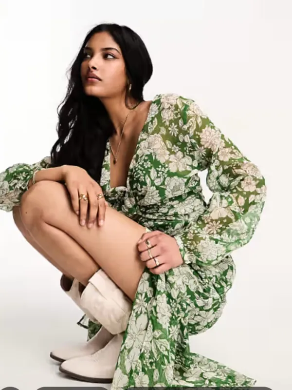 NWT Mango MNG Floral Sheer Green White Romantic Twist Front Midi Dress XS $129 - Image 2