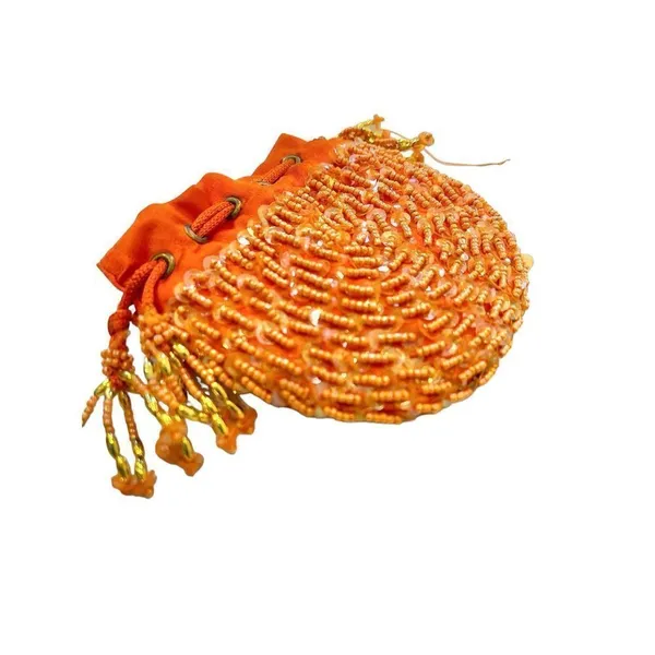 Orange beaded Indian drawstring jewelry/cosmetic pouch - beaded one side - desig - Image 5
