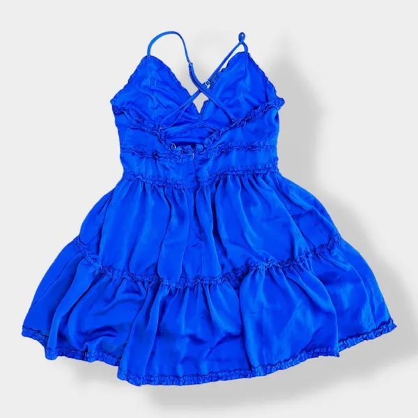 She + Sky Satin Blue tiered ruffled‎ mini dress Size L - Image 7