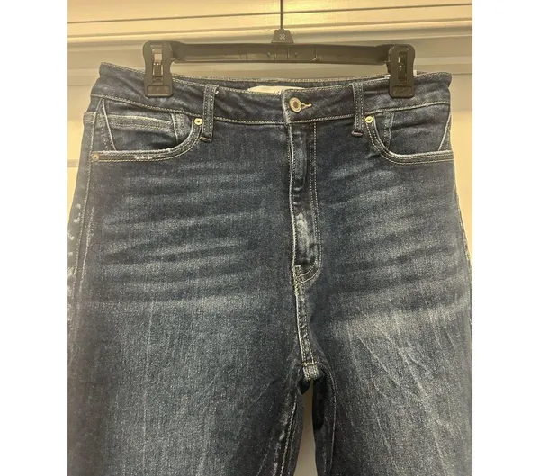 KanCan Mid Rise Tapered Leg Jeans Size 13/30 Dark Wash Stretch Denim Frayed Hem - Image 2