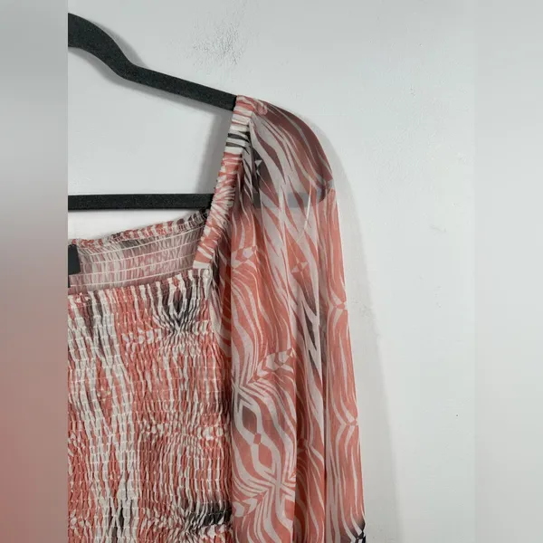 Anthropologie Smocked Crop Top Long Sleeve Sheer Sleeve Blouse Pink Print Size S - Image 6