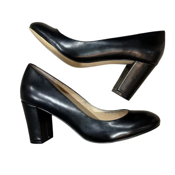 Lands End Pumps Size 7.5B Black Leather 3" Block Heel Neutral Classic Minimalist - Image 7