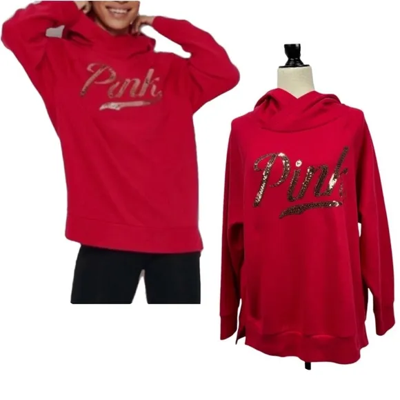 Victoria's Secret PINK Red Sequin hoodie Size M - Image 2