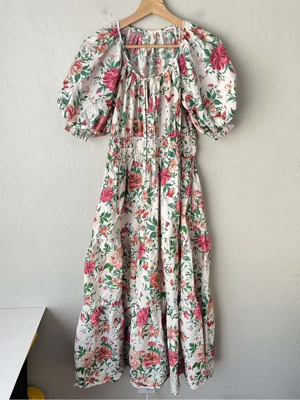 Anthropologie Floral Peony Puff Sleeve Cottagecore Fairy Dress White Pink XS - Image 3