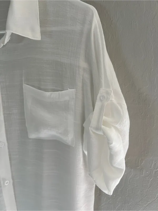 BSUBSEACH White Sheer Button Down Long Sleeve Swimsuit Beach Cover Up One Size - Image 7