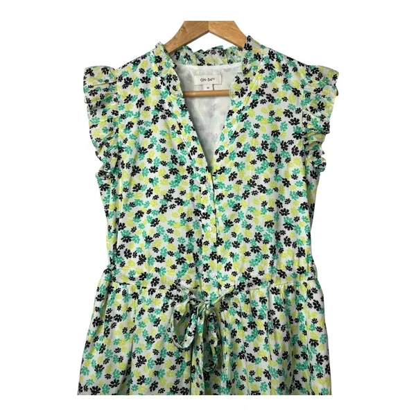 On 34th Floral‎ Flutter Sleeve Dress Womens XS Green White Mini Belted Pockets - Image 3