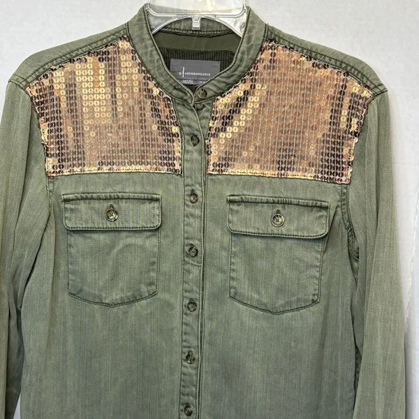 Anthropologie Army Green Cotton Blend Shirt Jacket w/ Copper Sequins Size 2 - Image 2