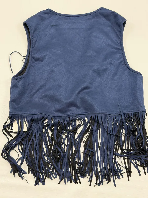 Wdirara Women Blue Faux Suede Fringe Vest Western Boho Cropped Open Front size L - Image 6