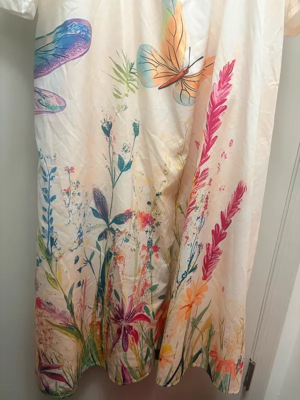 Women’s Cream Floral nightgown with Colorful Botanical Print 3/4 sleeves - Image 3