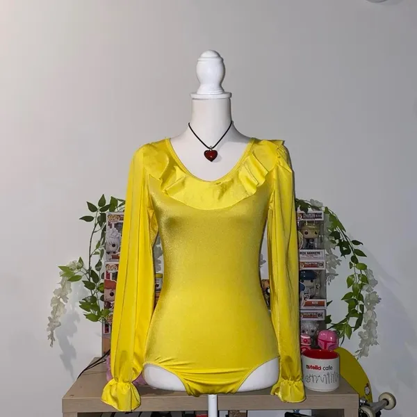 70s retro bohemian vintage style ruffle long sleeve ballet leotard bodysuit - Image 7