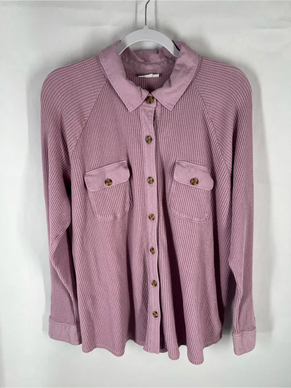 J.Jill Waffle‎ Knit Button Down Shirt Pink Cotton Shacket XL - Image 2