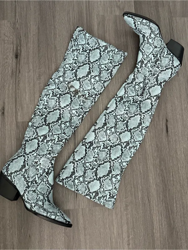 Gianni Bini Blue Snake Print Pointed Thigh High Boots 7 - Image 2