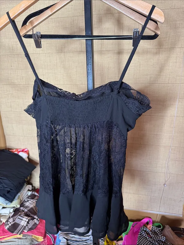 By Anthropologie Sheer Lace Ruffle Cami Top Black Size Medium - Image 10