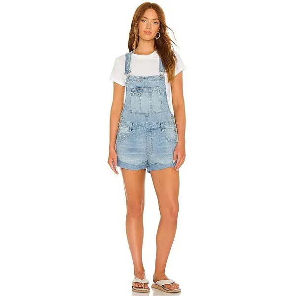 Free People We The Free Blue Cotton Baggy Cuffed Shortall Overall Denim Shorts - Image 3