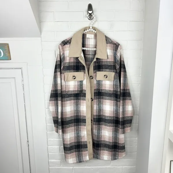Melloday Pink Brown Plaid Long Line Button Front Shacket Size XL - Image 3