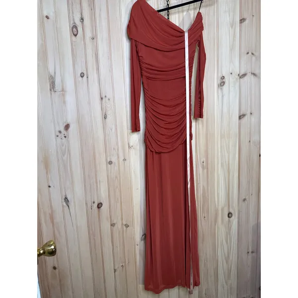 NWT Lulus Darla Rust Red Mesh One-Shoulder Long Sleeve Maxi Dress Bridesmaid S - Image 7