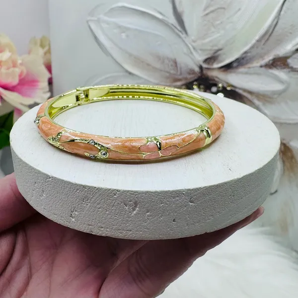 Peachy Pink Flower Enamel Cloisonne Bracelet Bangle - Image 6