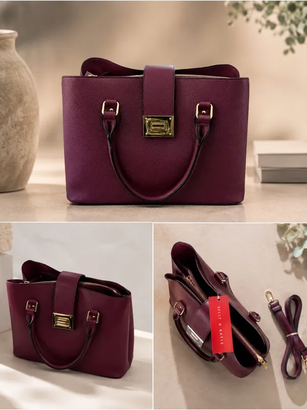Kelly & Katie Plum Pebbled Satchel with Gold Hardware and Detachable Strap - Image 2