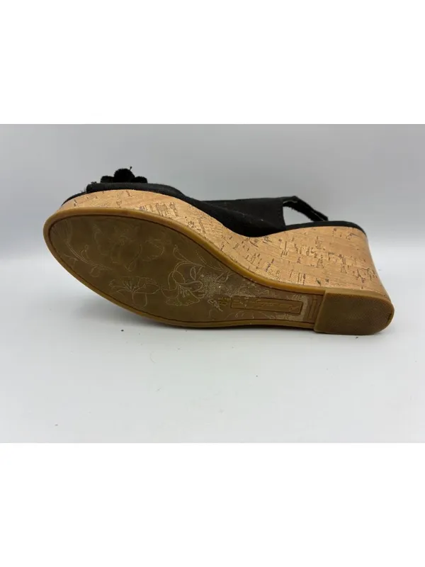 American Eagle Womens 6.5 Black Wedge Sandals Cork Heel Floral Toe Casual - Image 11