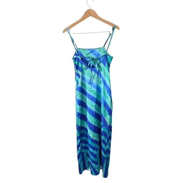 Nasty Gal Satin‎ Maxi Dress Size 2 Blue Green Stripe Abstract Tie Back - Image 3