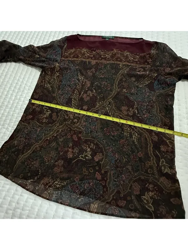 Lauren Ralph Lauren Burgundy Paisley Floral Sheer Blouse Top XL Extra Large - Image 8