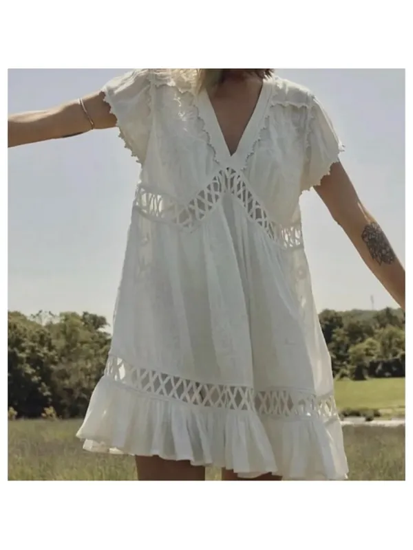 Free People Marissa White Embroidered Mini Dress size small Boho Festival - Image 2