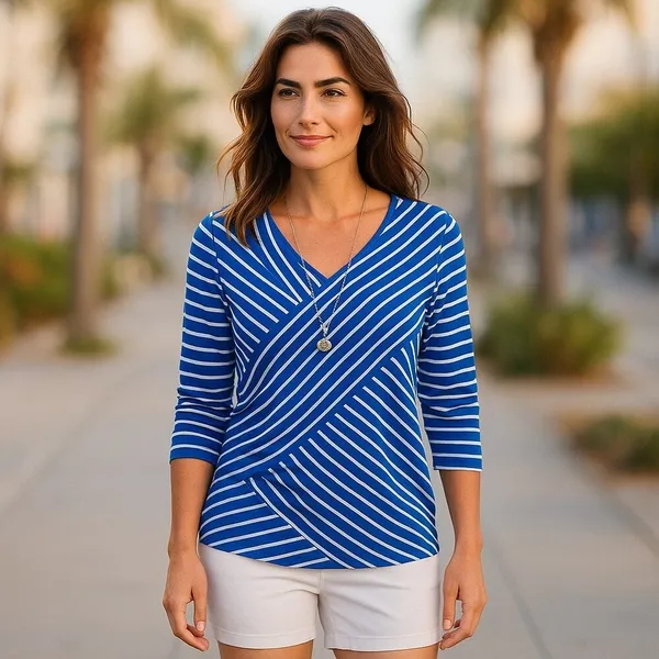 Chico's Miraculous Stripe Tiered Top Blue White‎ Asymmetrical Stripe Sz 1 M 8 - Image 4