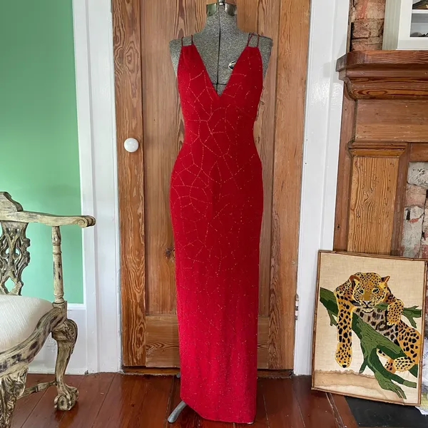 J USA Red Beaded Strappy Back Y2K Maxi Evening Dress Vintage 90’s Sz Large💛🍄 - Image 3